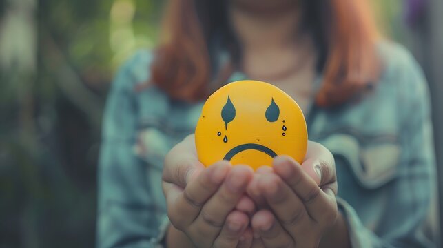 Sad tearful yellow smiley in the hands of a woman displaying her emotional state : Generative AI