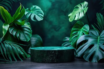 Empty podium for product presentation with palm leaf on seascape, palm trees, summer