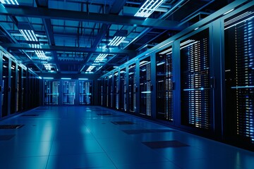 Futuristic data center with blue lighting and high-speed servers