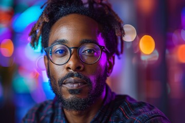 Fototapeta premium Portrait of a Man with Afro-Textured Hair and Glasses in Front of Vibrant Urban Light Bokeh Background at Night TimePortrait