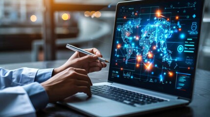 Fototapeta premium AI in Healthcare: Medical holographic interface interactions, displays medical data and AI diagnostics. Artificial intelligence technology. Digital tech. 