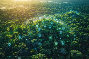 Realistic depiction of AI systems analyzing biome data to understand ecological relationships and promote conservation Biome analysis AI, Environmental AI, Sustainable technology