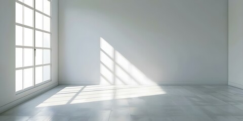 Fototapeta premium Serene Scene Empty Room with Single Beam of Light and Window Shadow. Concept Minimalist Decor, Natural Light, Shadow Play, Tranquil Ambiance
