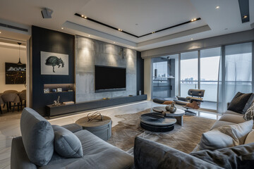 A stylish bachelor pad living room with modern furniture, a monochromatic color scheme, and sleek decor.