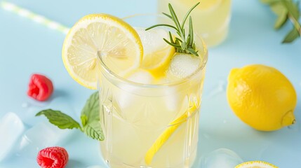 Refreshing lemonade with ice cubes and fresh lemon slices, garnished with rosemary, on a blue background with raspberries and mint leaves.