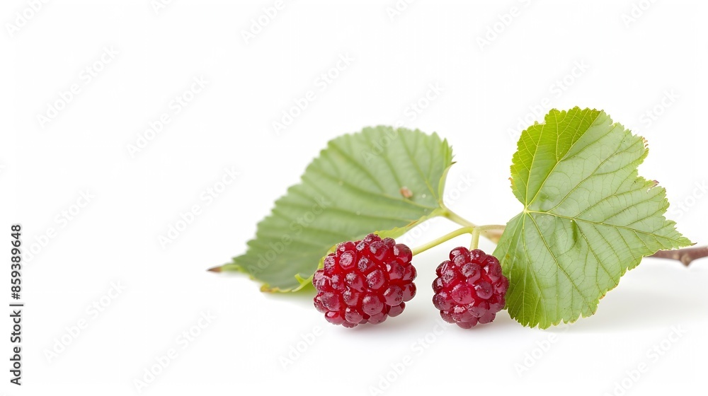 Poster closeup mulberry fruit with leaf isolated on white background : generative ai