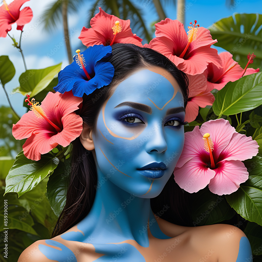 Wall mural woman with blue skin and hibiscus flowers in a tropical setting