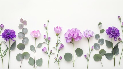 Obraz premium Seamless floral border with purple flowers and green leaves on white
