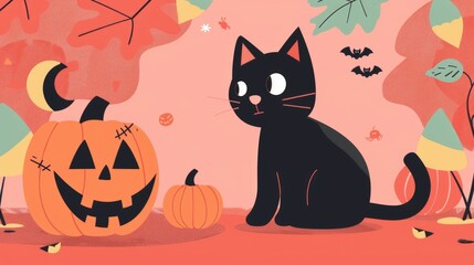 Halloween cat wallpaper flat design side view eerie theme animation colored pastel