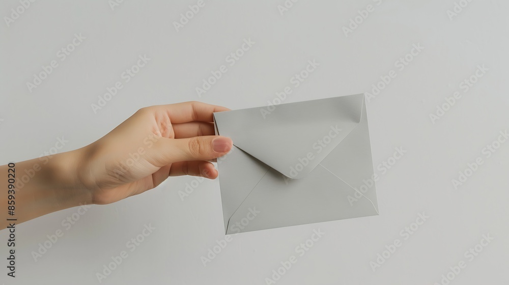 Poster a femalewoman hand hold a grey envelope and post card isolated white at the studio : generative ai