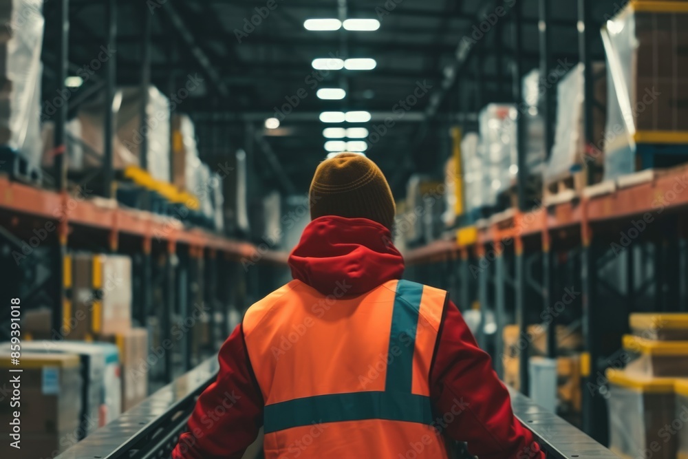 Poster happy warehouse worker loading package while placed on the rail at storage. worker wearing safety ja