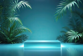 Naklejka premium Empty podium for product presentation with palm leaf on seascape, palm trees, summer