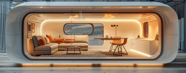 Obraz premium A luxurious mobile home with elegant interior lighting, modern furnishings, and large windows, offering a sophisticated and cozy living space.