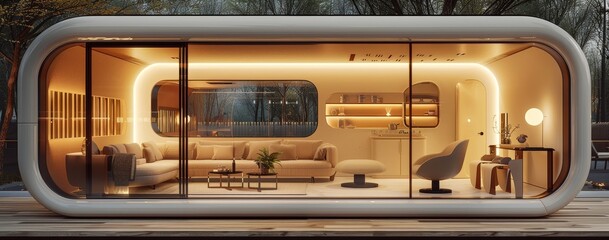 Obraz premium Design of a mobile living space inside the pod. It has a rectangular shape with curved edges and a glass window on top. The space includes a sofa, table, and chair set with a light, white color tone