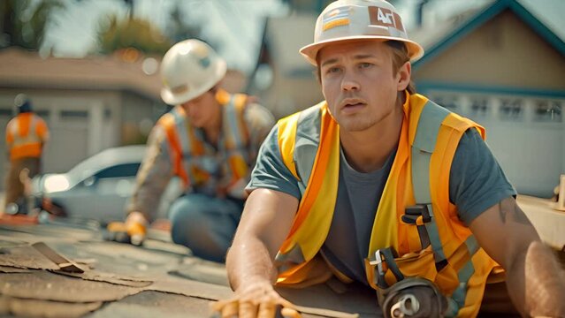 A construction worker receives first aid after a fall, surrounded by realistic building materials, tools, and caring colleagues.generative ai