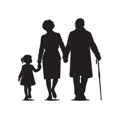 grandparents walking with granddaughter vector silhouette Illustration