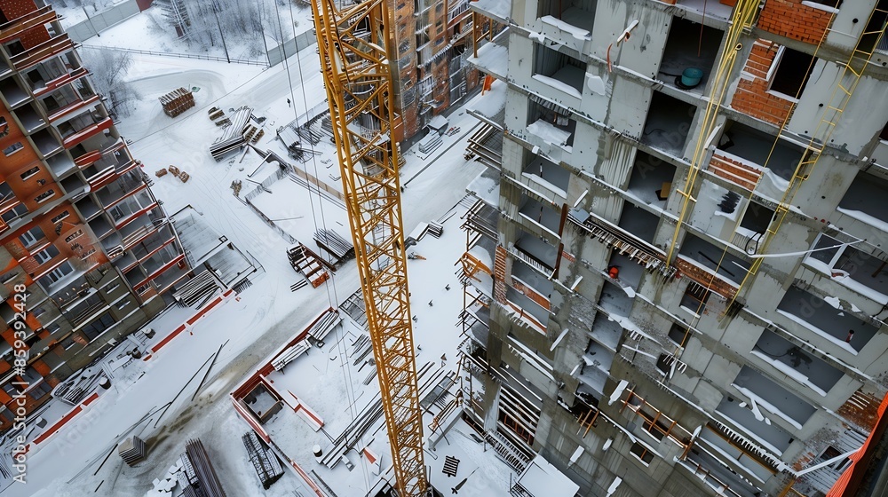 Poster the construction site of an apartment building in the winter from a height : generative ai