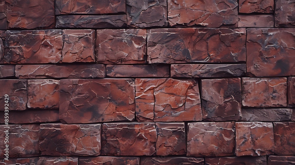 Poster red textured brick wall background with old cement blocks and brown stone pattern in exterior constr