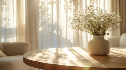Sunlight Streaming Through Sheer Curtains onto a Wooden Table with White Flowers