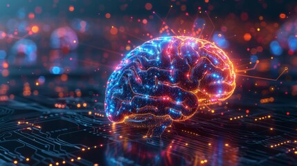 Obraz premium Digital Brain, AI: Binary code and neural network visuals surrounding it. Digital representation of human brain and ai.