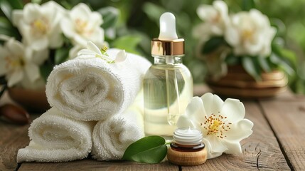 Natural skincare for a healthy body and hair. Pamper yourself with nourishing cream, essential oils, and a soft towel.
