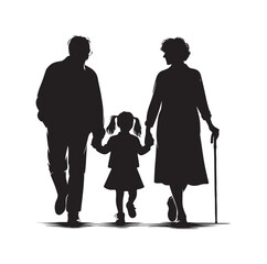 grandparents walking with granddaughter vector silhouette Illustration 