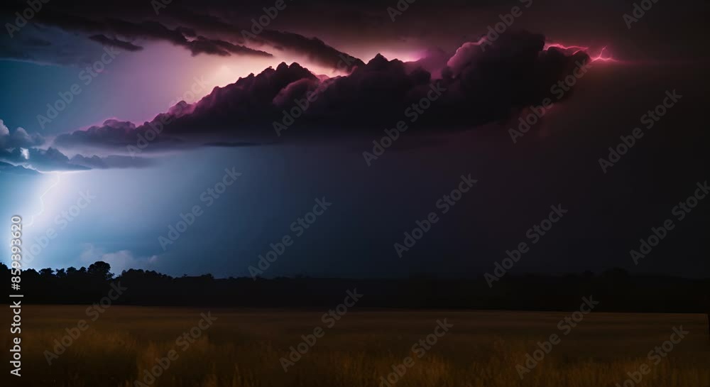 Poster multiple lightning strikes illuminate a wheat field at night, creating a dramatic and powerful scene