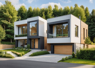 Maison moderne cubique avec am&eacute;nagement de jardin