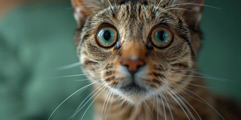 Close-up of an adorable tabby cat with striking green eyes capturing a curious expression against a soft green background indoorstabby cat
