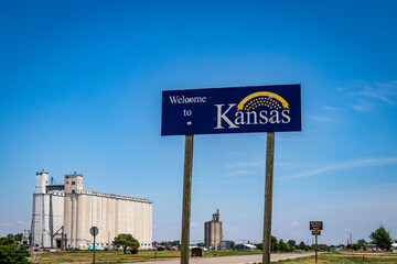 Welcome to Kansas state line highway sign on US Route 56