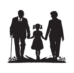 grandparents walking with granddaughter vector silhouette Illustration 