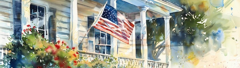 A painting of a house with a flag on the porch