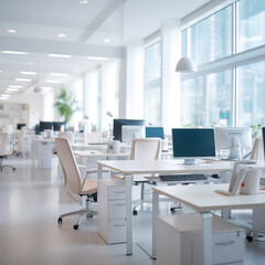 A minimalist office with white desks and chairs. Generative AI