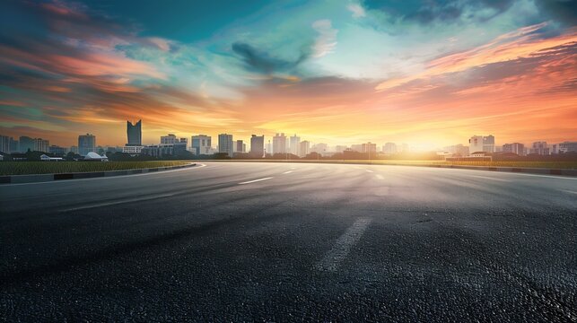 Round asphalt road and city skyline with colorful sky clouds at sunset : Generative AI