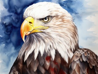 Obraz premium A painting of an eagle with its head turned to the side. The painting is in watercolor and has a moody, dramatic feel to it