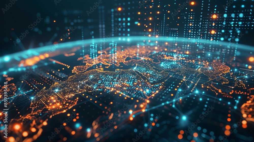 Poster futuristic digital world map with glowing network connections. conceptualizes global communication a
