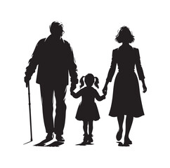 grandparents walking with granddaughter vector silhouette Illustration 