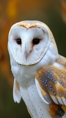 Close-up of a barn owl with a blurred background, detailed feather texture. Wildlife photography concept