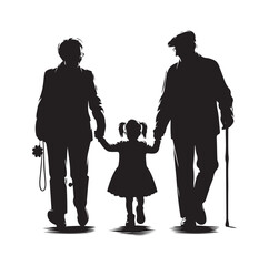 grandparents walking with granddaughter vector silhouette Illustration 