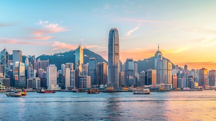 Fototapeta premium View of Hong Kong skyline with financial district at sunset along the Victoria Harbour and Kowloon Bay Hong Kong China : Generative AI
