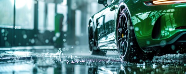 Modern green luxury sport  car in a car wash with foam, transport concept banner. Generative AI.