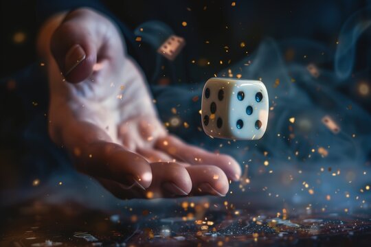 A hand rolling a die amidst a magical swirl of glitter and lights.