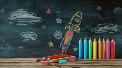 Blackboard with chalk drawing of rocket and sky on background. Back to school concept. Back to school background with rocket made from pencils.