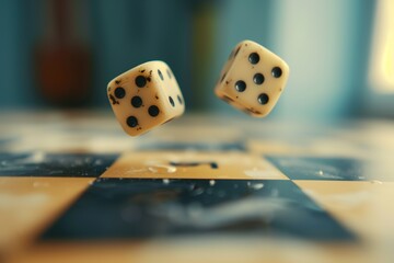 Two dice mid-roll on a backgammon board, capturing the thrill of chance.