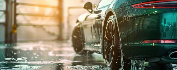 Modern green luxury sport  car in a car wash with foam, transport concept banner. Generative AI.