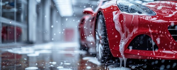 Modern red luxury sport  car in a car wash with foam, transport concept banner. Generative AI.