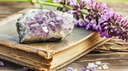 Fototapeta premium Amethyst crystal on vintage book with blooming lilacs