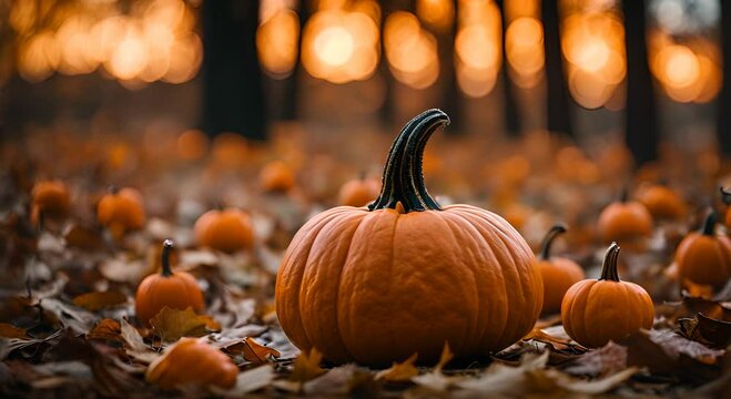 Large orange pumpkin sits in the center of a pumpkin patch with other pumpkins surrounding it at sunset. The sun is setting in the background, casting a warm glow over the scene