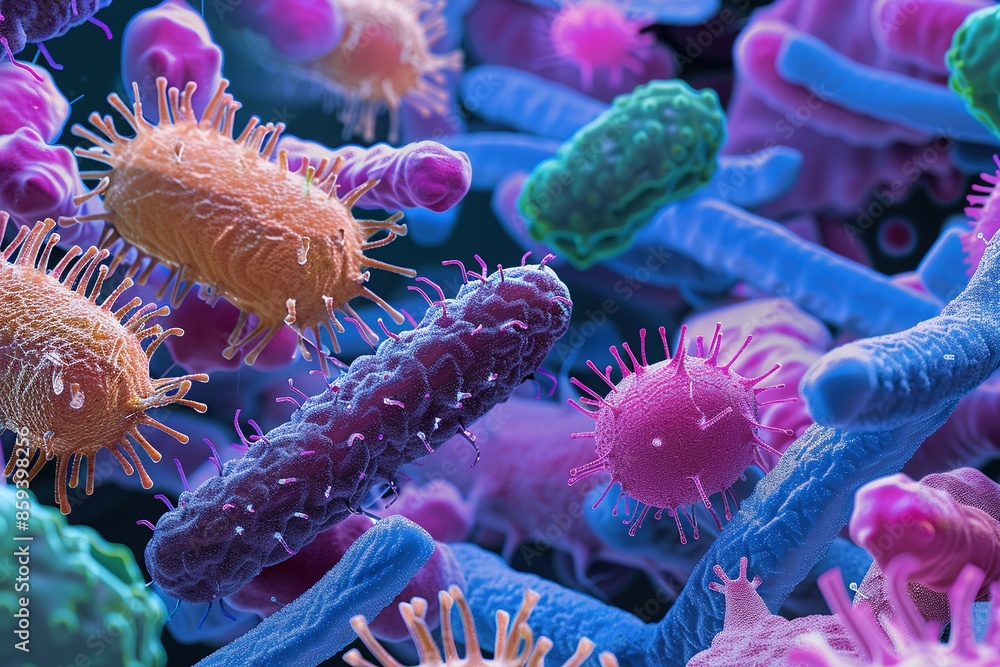 Poster colorful 3d rendering of various bacteria and viruses on a microscopic level.