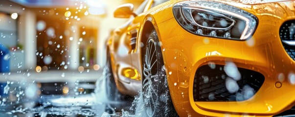 Modern yellow luxury sport  car in a car wash with foam, transport concept banner. Generative AI.